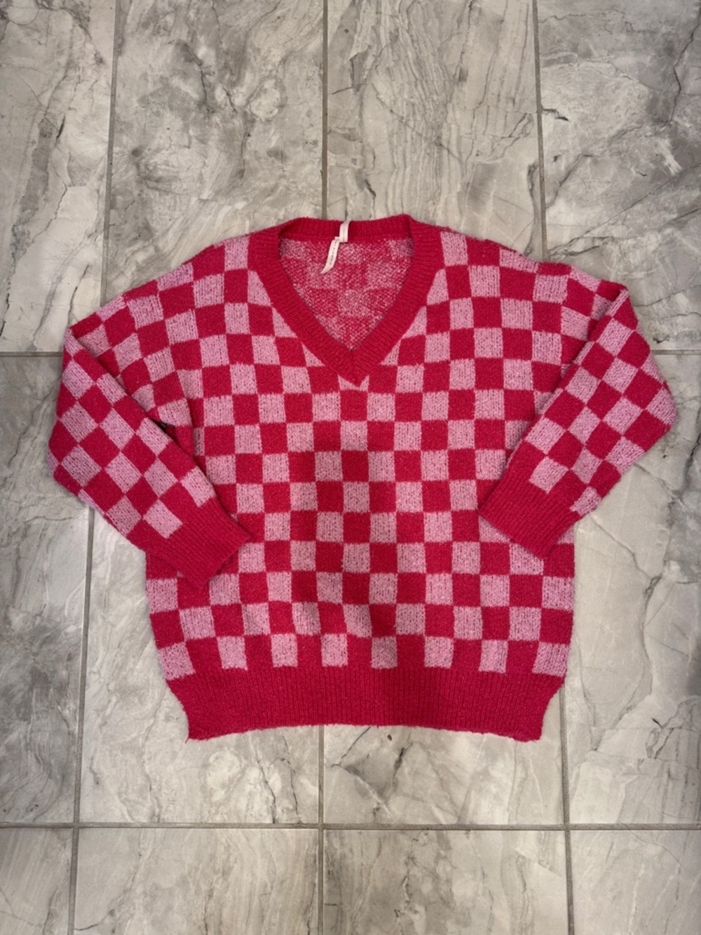 Sincerly Jules Checkerboard V-Neck Sweater in Hot Pink and Light Pink